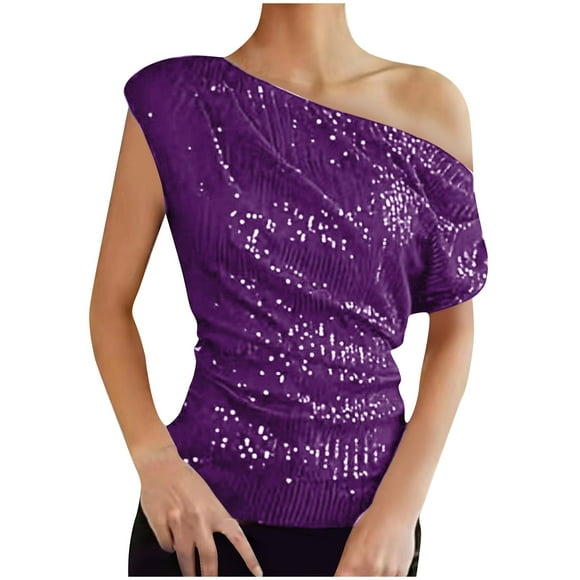 Fartey Women's One Shoulder Sequin Tops Fashion Elegant Ruched Asymmetrical Shirts Slim Fit Summer Tunic Blouse Dressy Casual Solid Color Party Blouses Purple S-2XL