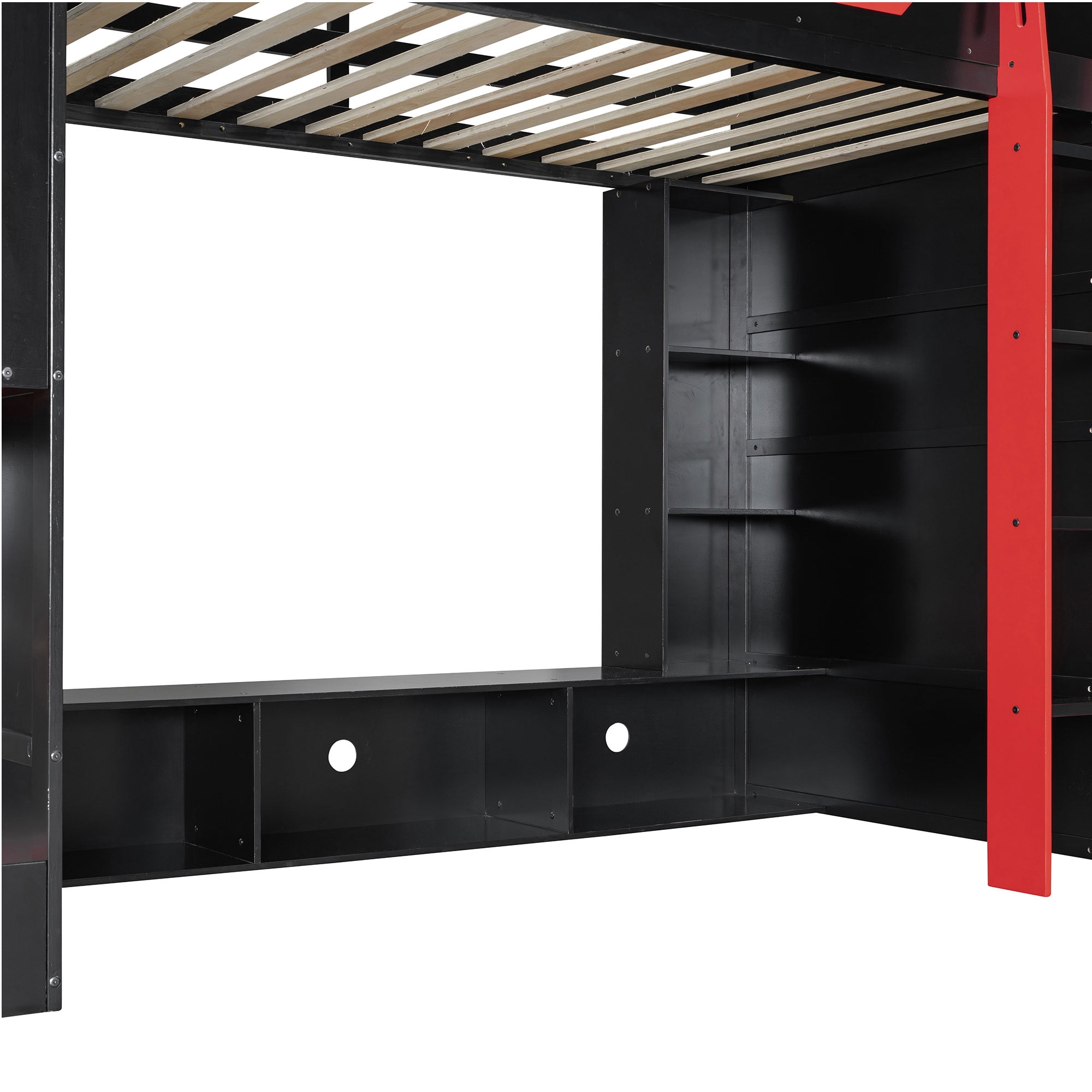 Aukfa Twin Size Gaming Loft Bed for Teens, Wood Esports Bed Frame with Desk, LED Lights, Charging Station & Storage Shelves, Red