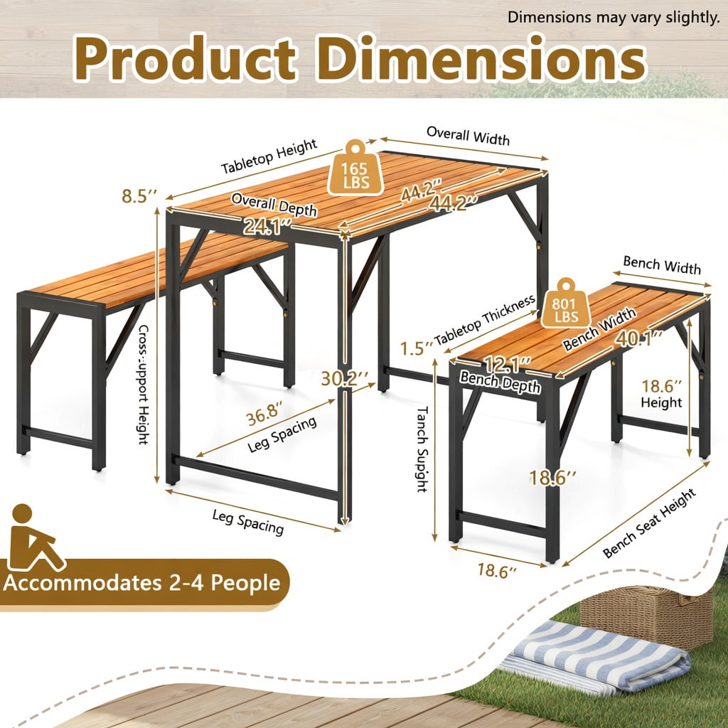 Hommoo 3-Piece Acacia Wood Patio Dining Set, Picnic Table & 2 Benches for 4, Outdoor Furniture with Heavy-Duty Metal Frame, Black & Natural
