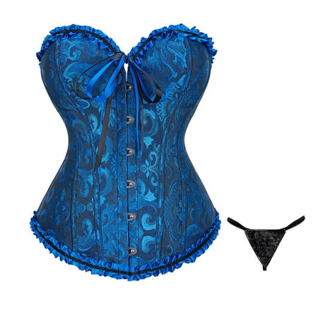 SnnmBlm Women s Lace Up Corset Boned Floral Overbust Bustier Bodyshaper Top Dark Blue L