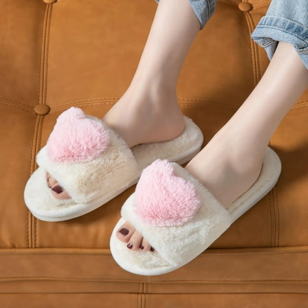 

STEADY Women s Heart Furry Slippers Warm Home Cute Soft Plush House Slippers Beige / 38