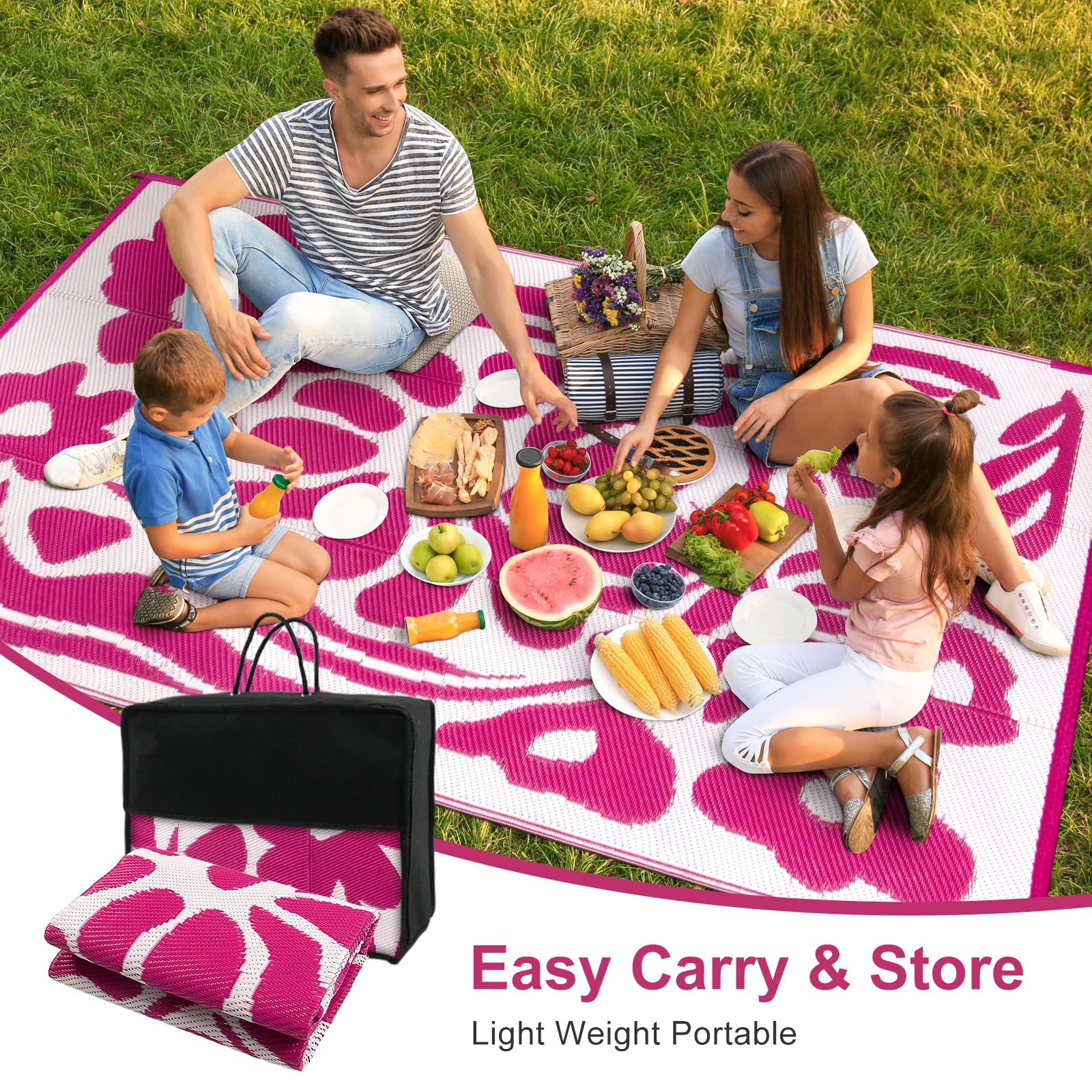 Wonnitar 5x8 Waterproof Outdoor Rugs, Plastic Straw RV Rug for Outside, Portable RV Outdoor Rugs for Camping, Pink Floral Picnic Carpet for Patio Garden