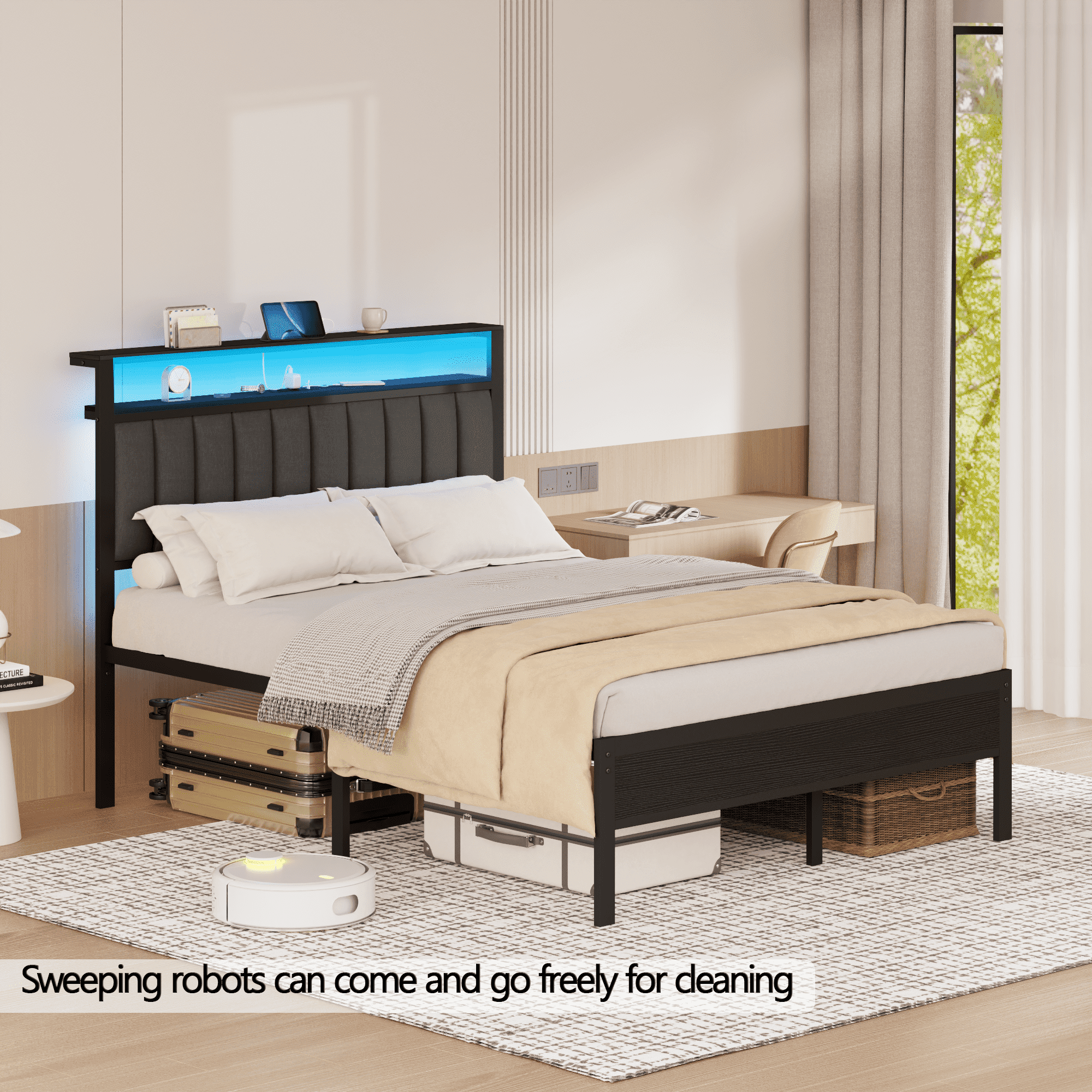 Tydimor Queen Size Platforrm Bed Frame with Charging Station, LED Standard Storage Space Bed for Bedroom, No Box Spring Needed