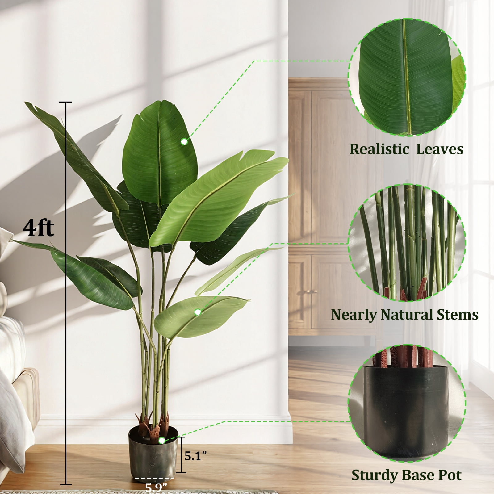 BEAUTYPEAK 4Ft Artificial Birds of Paradise Plant Faux Banana Leaf Tree Fake Tropical Palm Tree Indoor Outdoor Floor Plant
