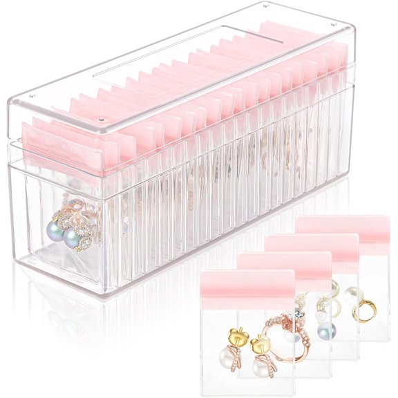 Acrylic Jewelry Box,Clear Jewelry Organizer with 20 PVC Portable Anti Oxidizing Zipper bags,Travel Jewelry Case for Earrings/Ring/Necklace Women (Pink)