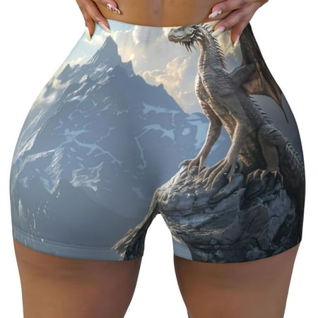 Workout Shorts Women  Silver Dragon Mountain Peaks Biker Shorts for Women Running Gym Spandex Shorts Tummy Control