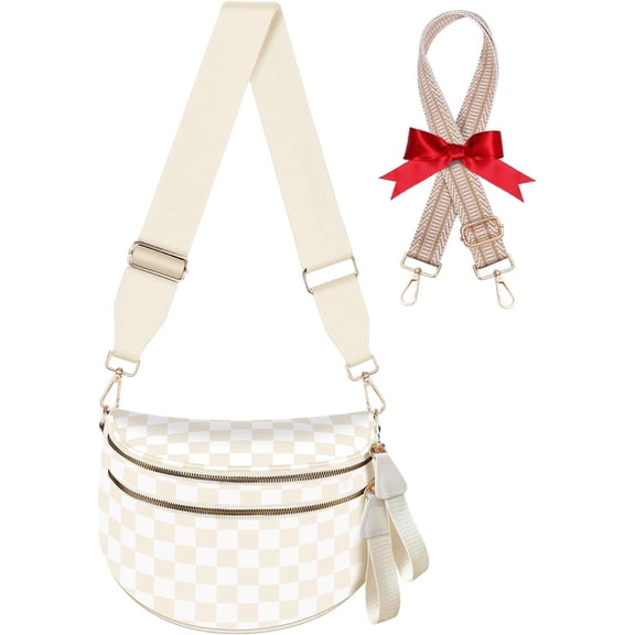 Bum Bags for Women Checkered Crossbody Bag Large Nylon Belt Purse Fanny Packs, Bonus with a Extra Strap