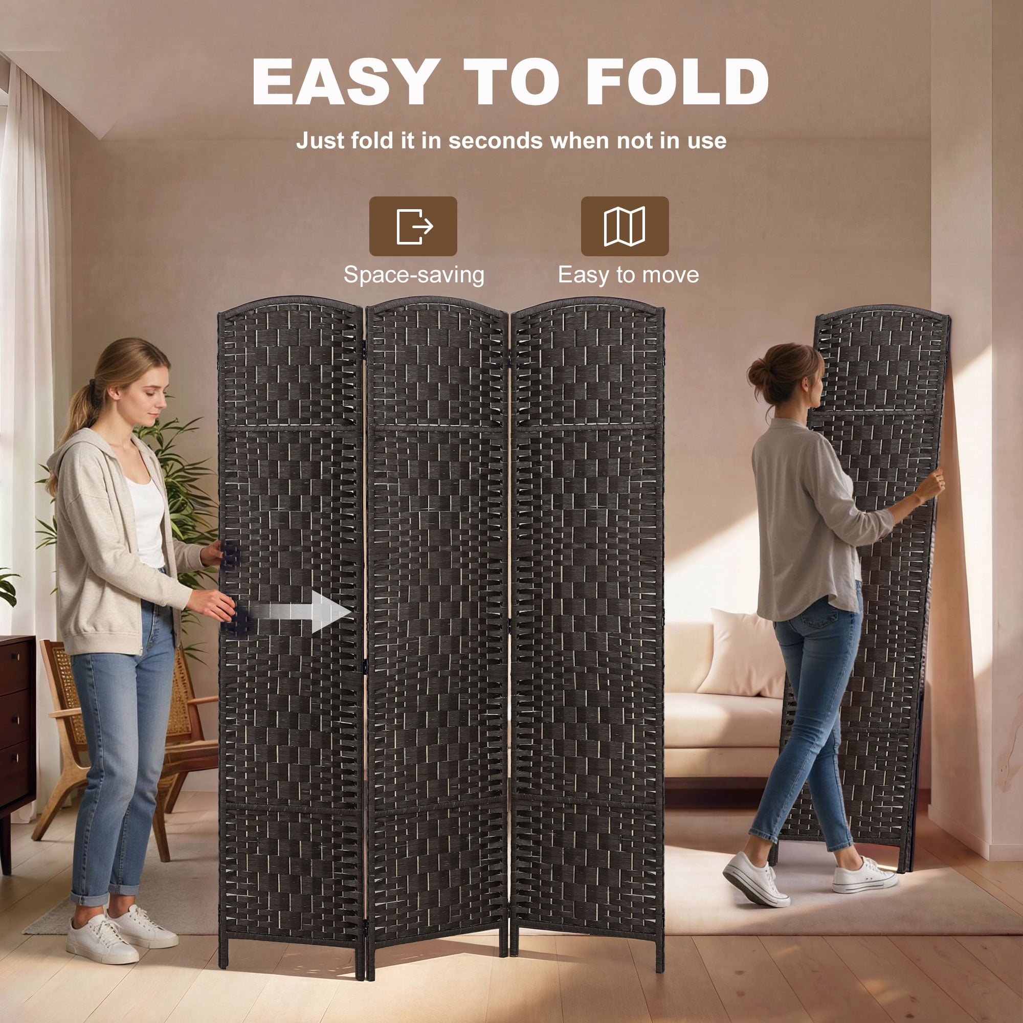 Room Divider, 3 Panel Folding Privacy Screen, 70.9" Tall Portable Weave Partition Wall Divider for Bedroom, Coffee