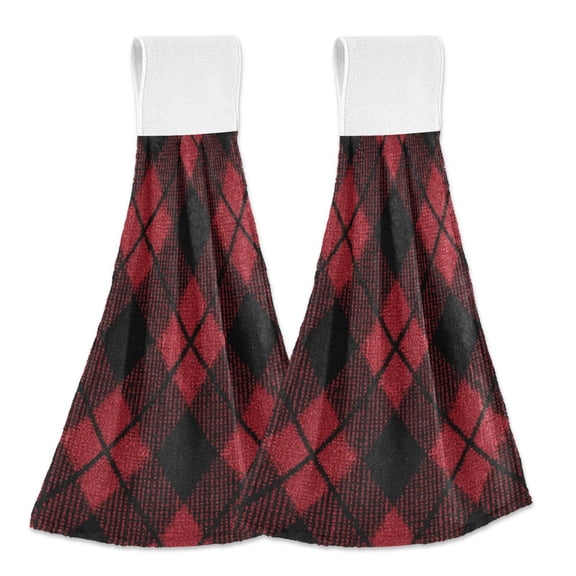 Red and Black Diagonal Tartan Plaids Hanging Towels with Loop Hand Towels Nylon Fastener Tape Design Dish Cloths 2 Pieces