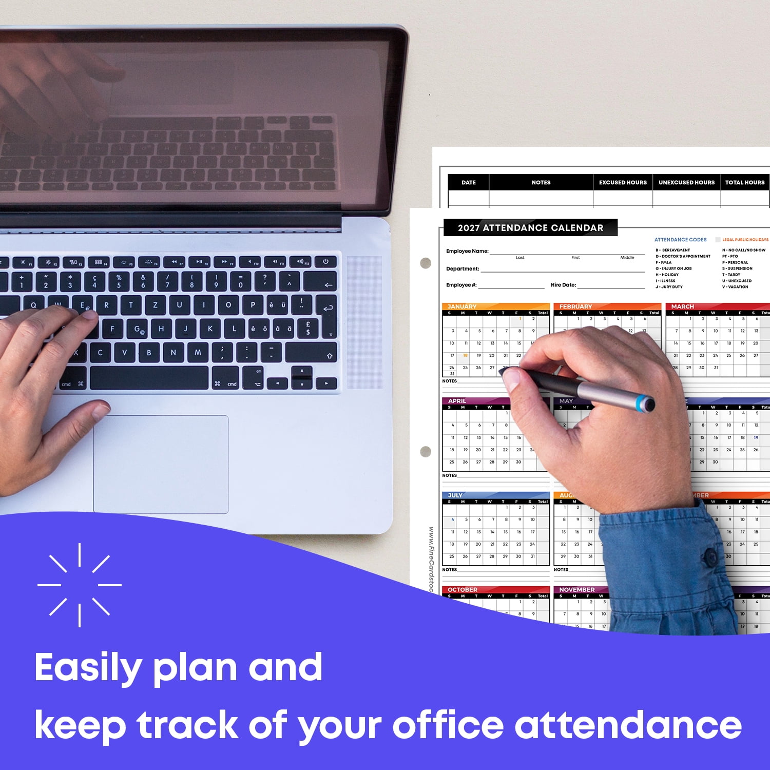 2027 Attendance Calendar Card Stock Paper – Great Employee Work Tracker | Bright & Colorful, Printed on Durable & Thick 80lb Cover (216gsm) Cardstock | 3 Hole Punched | 8.5 x 11" | 25 Sheets per Pack