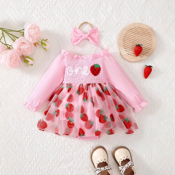 Huowey Baby Girls Easter Dress Long Sleeve Smocked Letter Strawberry Embroidery Lace Ruffle Bodysuit Tutu Layering Outfit Soft Basic Dresses Withheadband Sets Daily Wear,Watermelon Red,9-12 Months