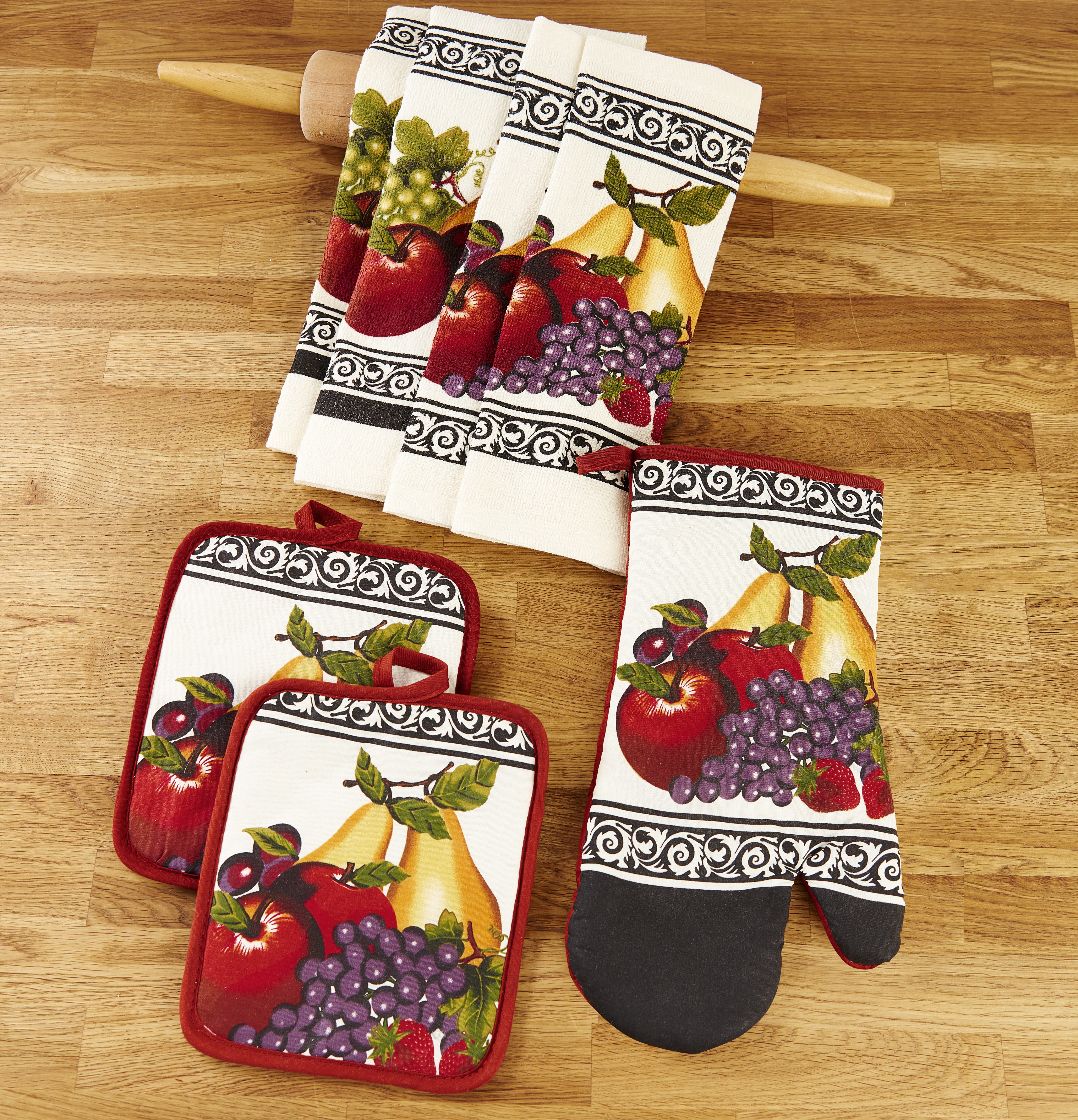 1 Audrina's Kitchen Kay Dee Designs Sweet Orchard Apples Theme Kitchen Linen Set- Bundle Includes Towels, Pocket Mitt Potholder and Oven Mitt Grabber 1 2
