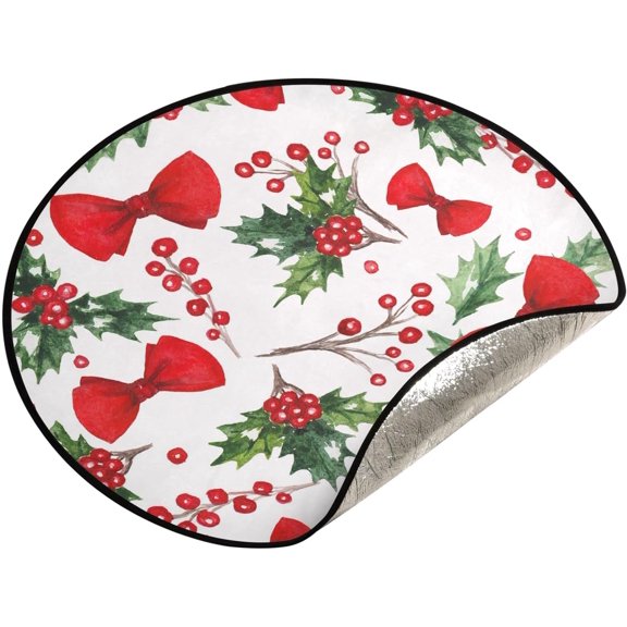 Coolnut Watercolor Christmas Bowknot Christmas Tree Mats Waterproof Tree Skirt, Winter Red Berries Xmas Tree Stand Tray Mat Floor Protector Pad for Holiday Party Decoration, 28.3"