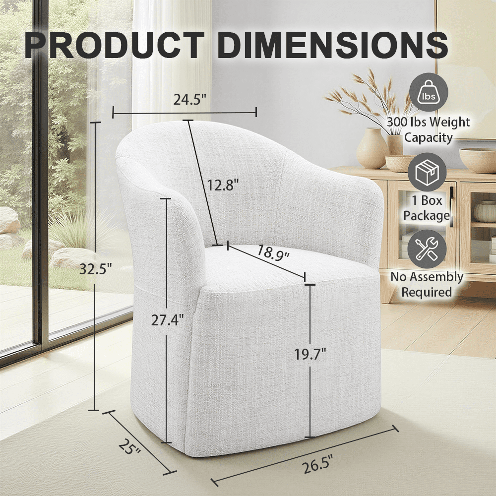 Aenkyo Dining Chair with Casters, Upholstered Barrel Back Rolling Accent Chair, White
