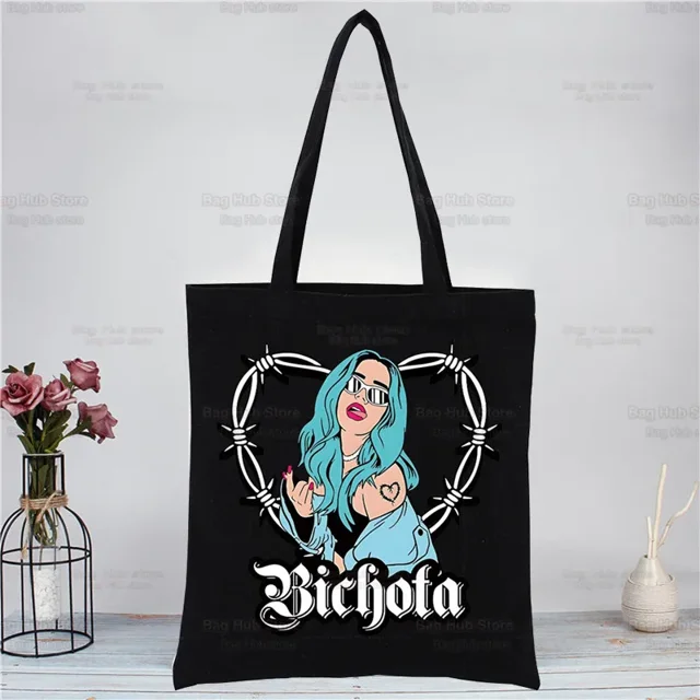 Karol G Bichota-Bolso de mano de lona con dibujos animados, bolsa de mano de tela reutilizable, bolso de hombro, para cantante de música, Bonito, color negro