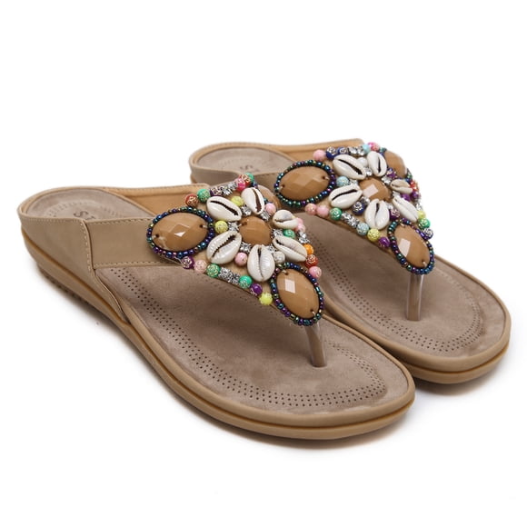 Sandales Plates pour Femmes d'Été à Enfiler Pantoufles Décontractées Confort Sandales Chaussures Sandales Noires Abricot