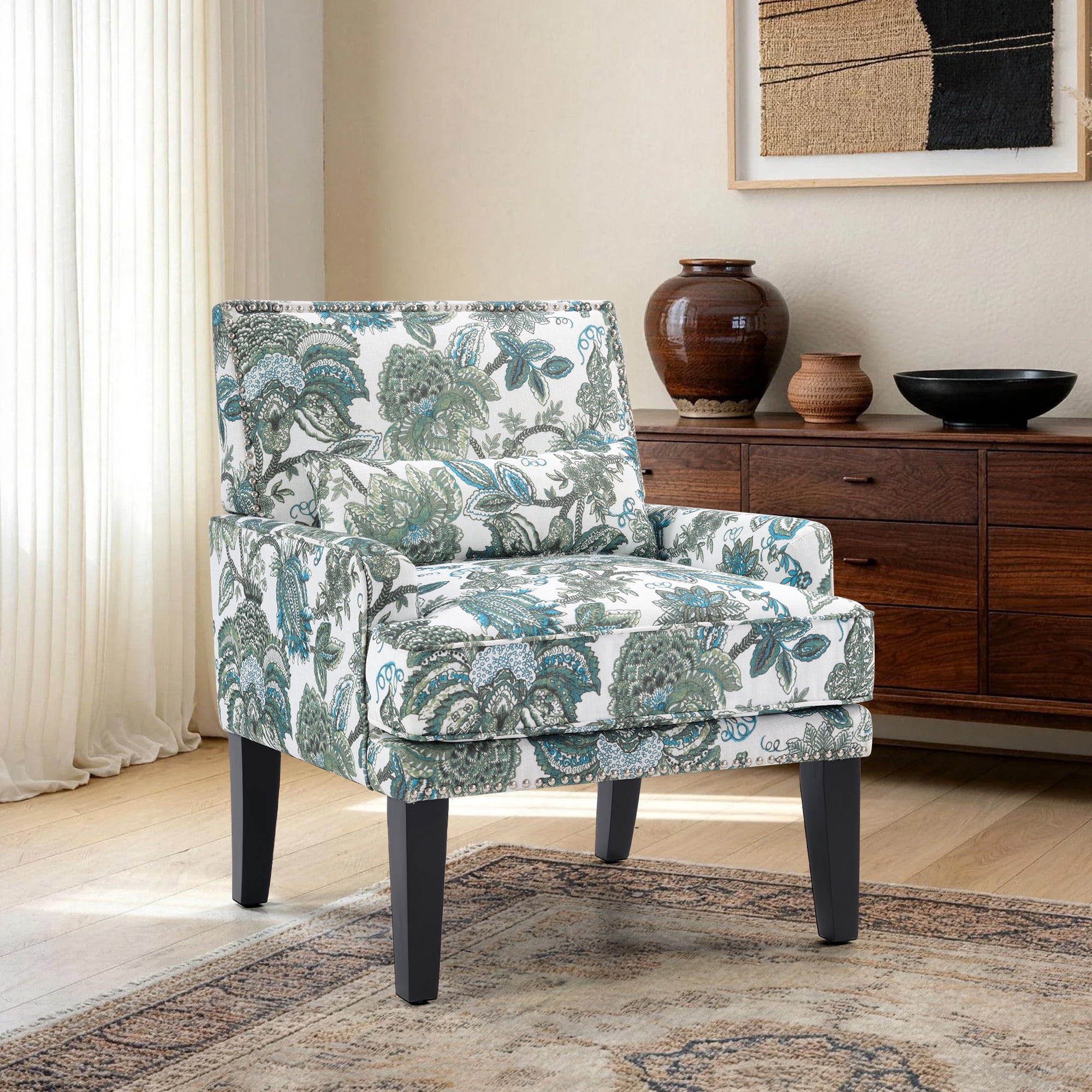 Bonzy Home Modern Floral Print Accent Chair with Arms and Wooden Legs, Mid‑Century High‑Back Wing Chair with Padded Armrests & Cushioned Seat for Living Room, Blue Green Floral