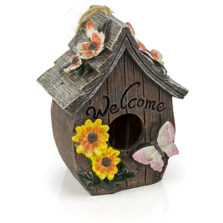 Dawhud Direct 4" x 5.5" Butterfly and Flowers Welcome Decorative Hand-Painted Bird House