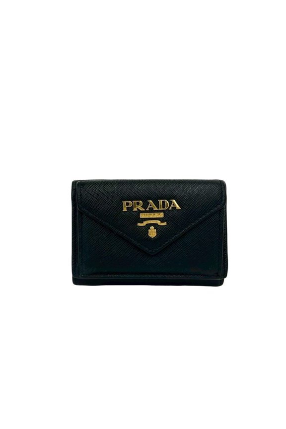 Pre-Owned PRADA Tri-fold Wallet, Mini Compact, Saffiano Leather, Black, 40861 (with logo...