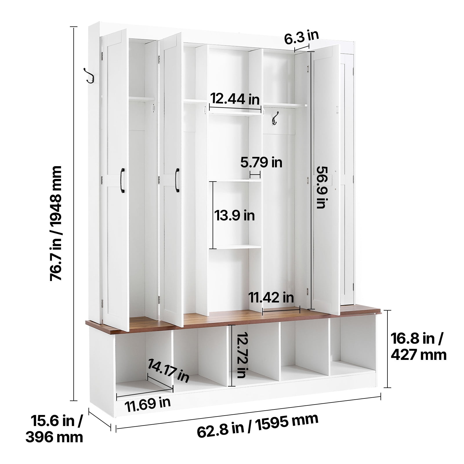 KFFKFF 4-in-1 Entryway Hall Tree with Bench, Hooks, Storage Cabinet, and Shoe Organizer, 63" Wide Wooden Furniture for Mudroom, Hallway, and Entryway, White