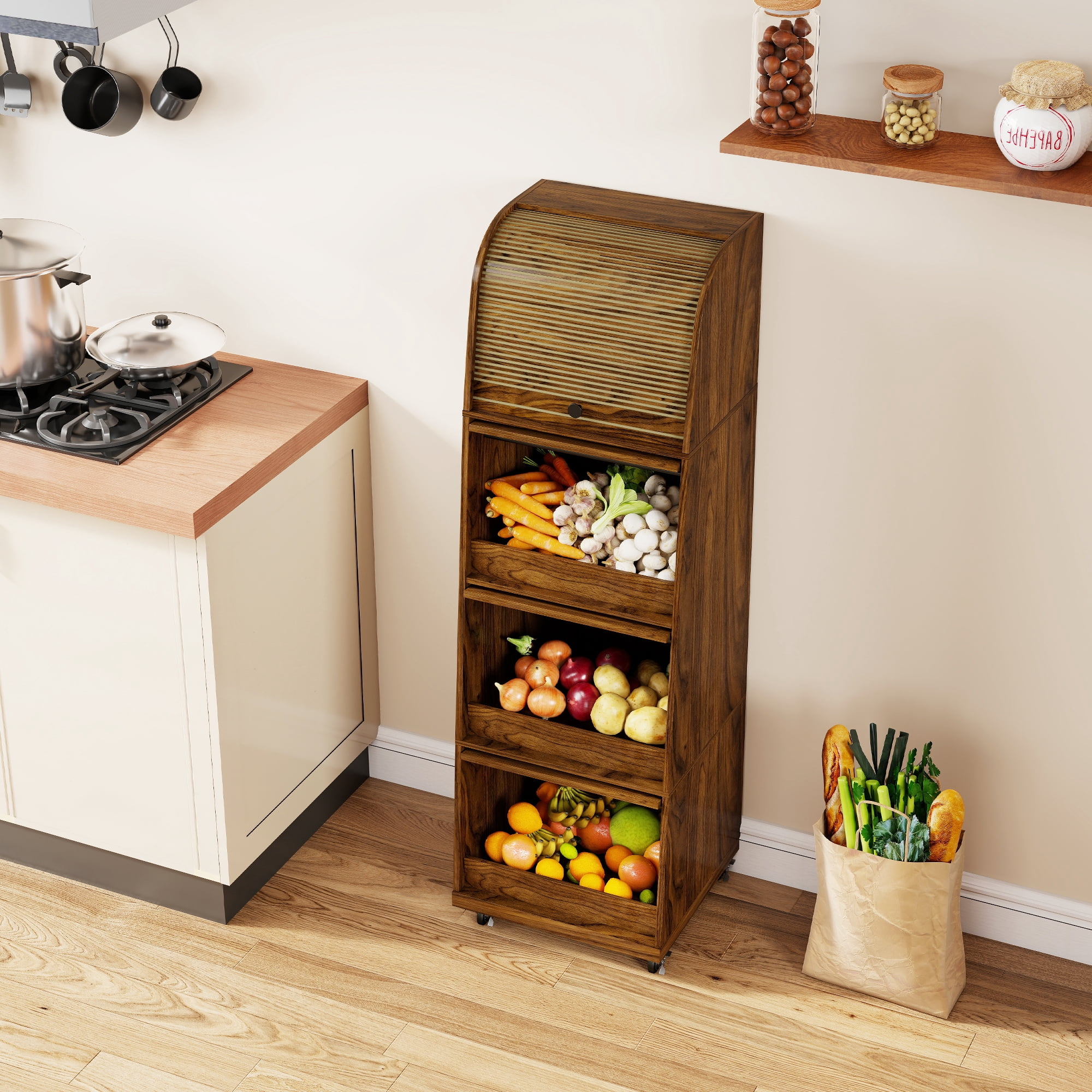 4 Tier Large Tall Potato Storage Bin with Wheel  Wood Food Small Kitchen Pantry Cabinet for Kitchen Living room