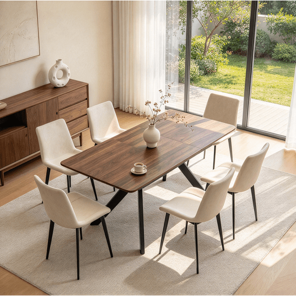 55"-71" Extendable Dining Table for 6, Kitchen Table witn 6 Upholstered Beige Chairs, 7 Piece Table Set for Dining Room Living Room, Space Saving