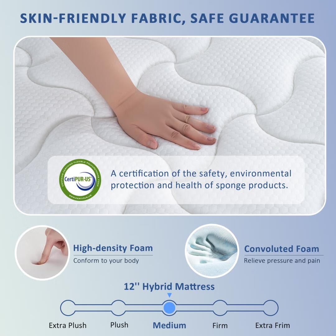 Queen Rose 12'' Full Size Hybrid Mattress, Medium Firm, Pillow Top, Hypoallergenic, Supportive, Pressure Relief