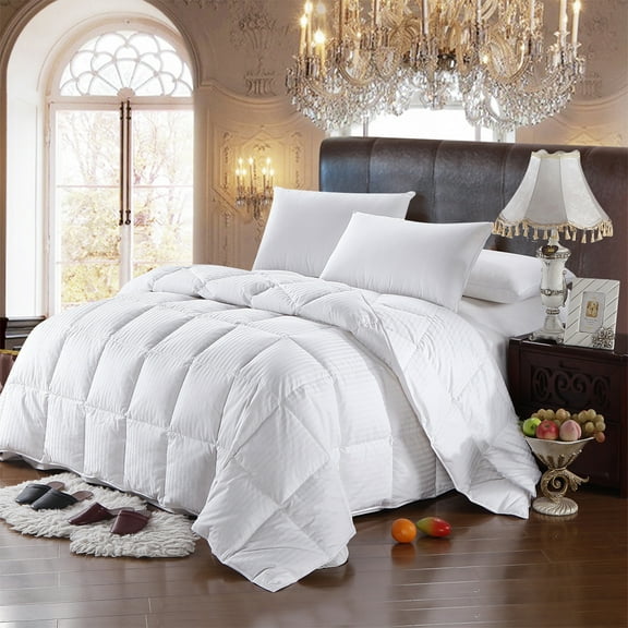Royal Hotel All Season Striped White Goose Down Comforter Oversize Medium Warmth - Queen Size