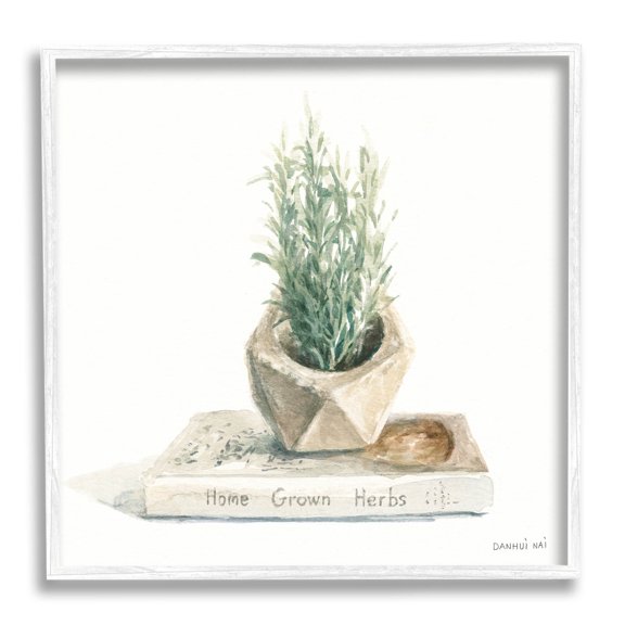 Stupell Industries Modest Herb Planter Book Painting White Framed Art Print Wall Art, Design by Danhui Nai