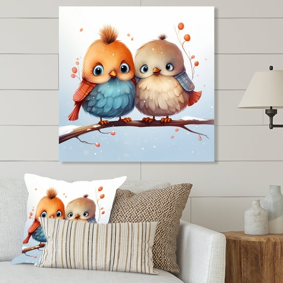 Designart "Nursery Bird Lovers Winter Delight I" Bird Metal Wall Art, Blue Metal Wall Decor, Modern Metal Art Decor For Office Room - 16x16 Inch