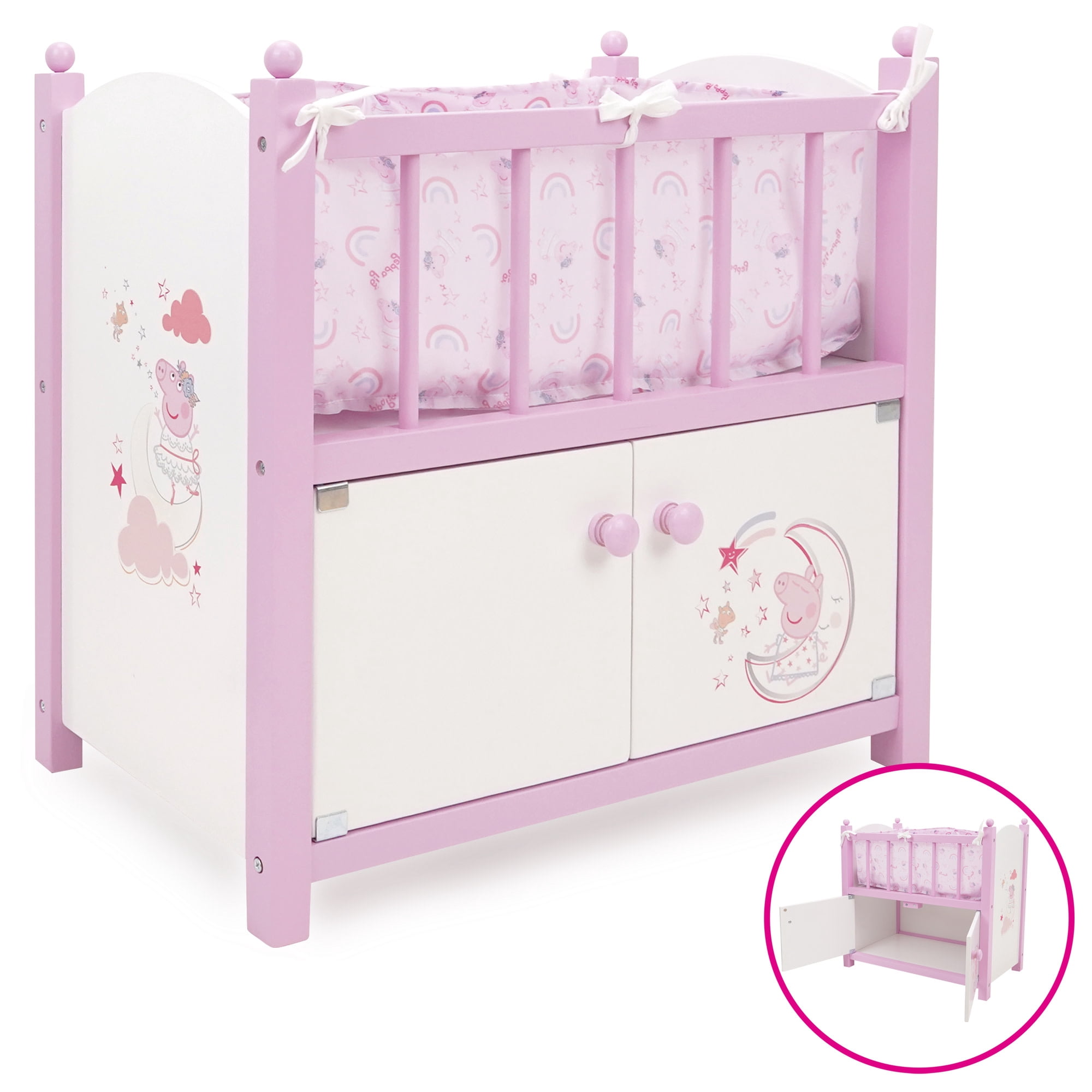 509 Crew: Peppa Pig - 2-In-1 Wooden Doll Crib - Pink-White-Moon, Built-In Storage Cabinet, Pillow & Blanket, Doll & Plush Sleep Accessory Toy, Kids 3+