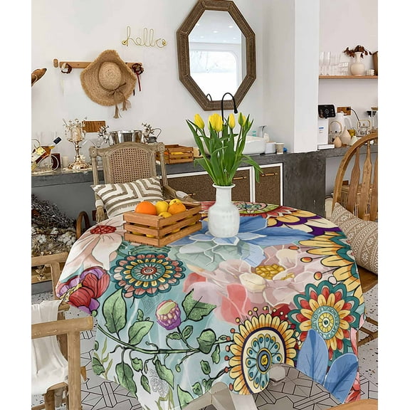 Boho Floral Tablecloth Square Table Cloth 54x54, Waterproof Tablecloth Outdoor Table Cloth, Bohemia Colorful Mandalas Botanical Flower Washable Table Cover for Kitchen Dining Party