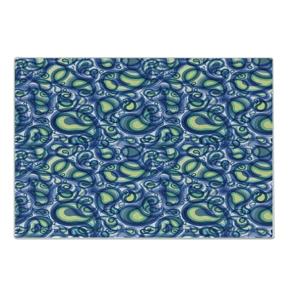 Paisley Cutting Board, Ocean Waves Like Design with Big and Small Raindrops Inspired Art, Decorative Tempered Glass Cutting and Serving Board, Small Size, Blue and Green, by Ambesonne