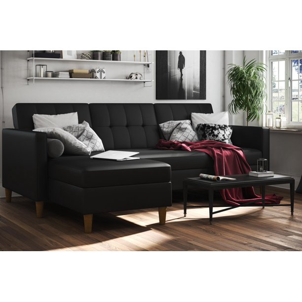 DHP Hartford Storage Sectional Futon with Chaise, Black Faux Leather