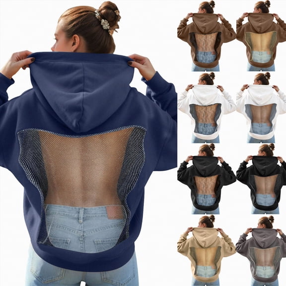 vigerakr Women Hoodie Sweatshirt Sexy Back See Through Mesh Pullover Long Sleeve Backless Top with Pocket (Coffee, L)