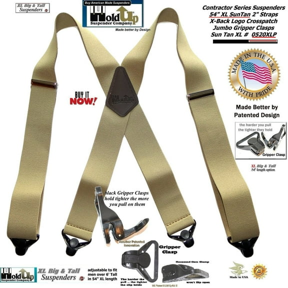 Holdup Suspender Company's Extra Long XL Light Tan Suspenders are 2 inches wide with black Jumbo Gripper Clasps