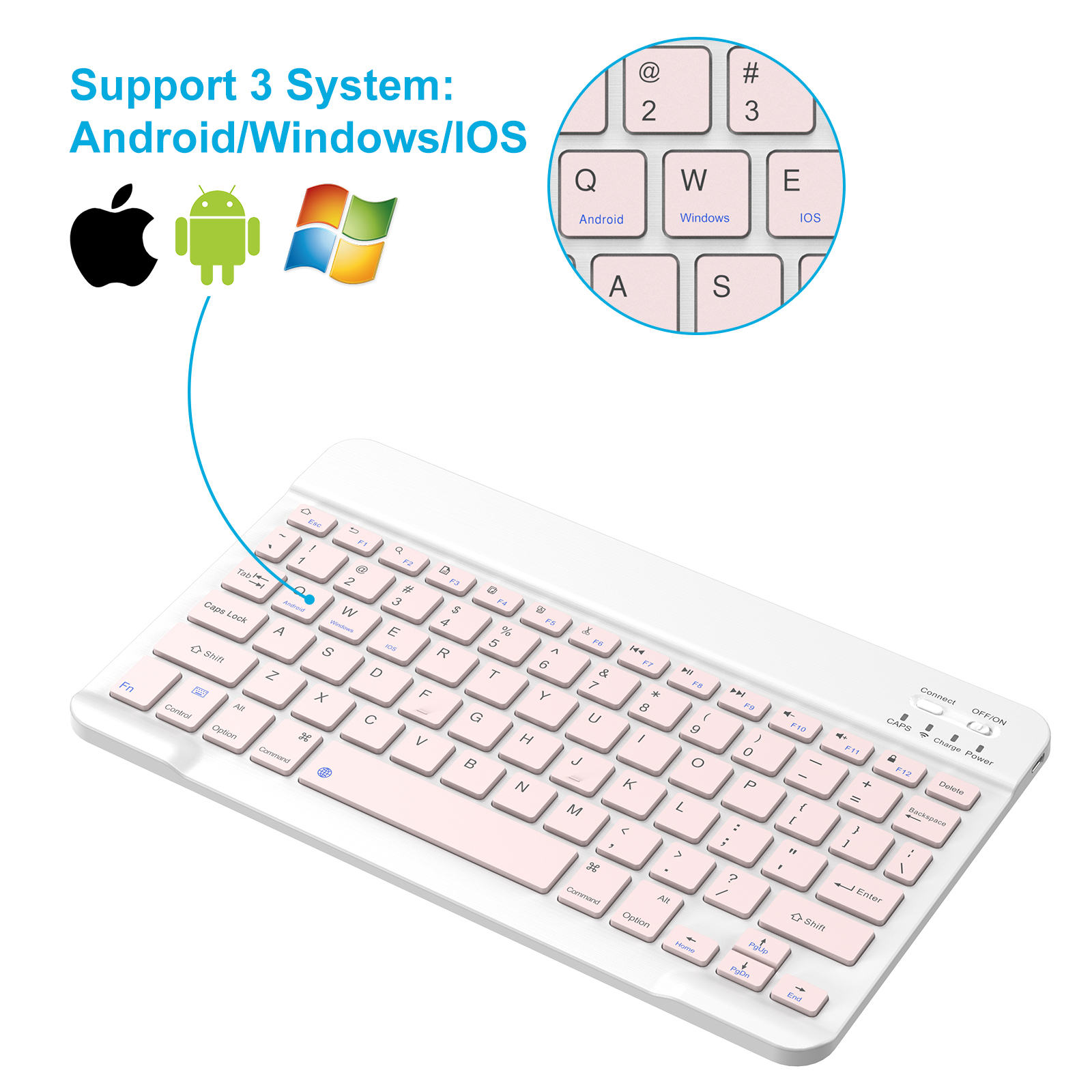 Cimetech Bluetooth Keyboard, Ultra-Slim Wireless Keyboard Quiet Portable Design with Built-in Rechargeable Battery for IOS, Mac, iPad, Windows and Android 3.0 and Above OS Pink - image 4 of 8