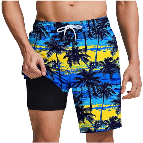 Busydd Beach Shorts for Men with Built in Underlayer Fashion Hawaiian Print Knee Length Summer Shorts Elastic Waist Drawstring Casual Shorts with Pockets XL