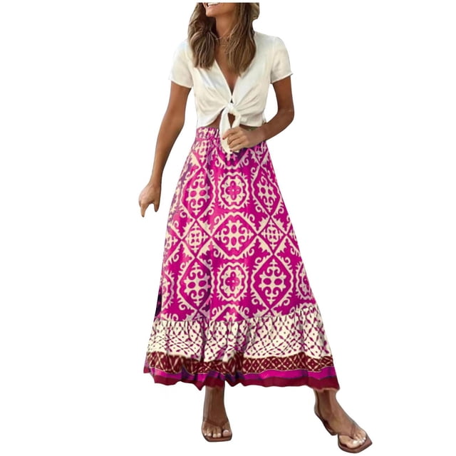 Womens Popular Summer New Print Loose Patchwork Ruffled A-Line Large Hem Skirt
