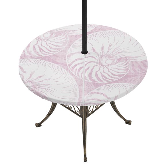 Round Outdoor Tablecloth with Umbrella Hole and Zipper, Coastal Shell Purple Pink Tablecloth with Elastic Waterproof, Summer Ocean Shell Beach Patio Table Covers for 36" - 44" Picnic Pool Tables