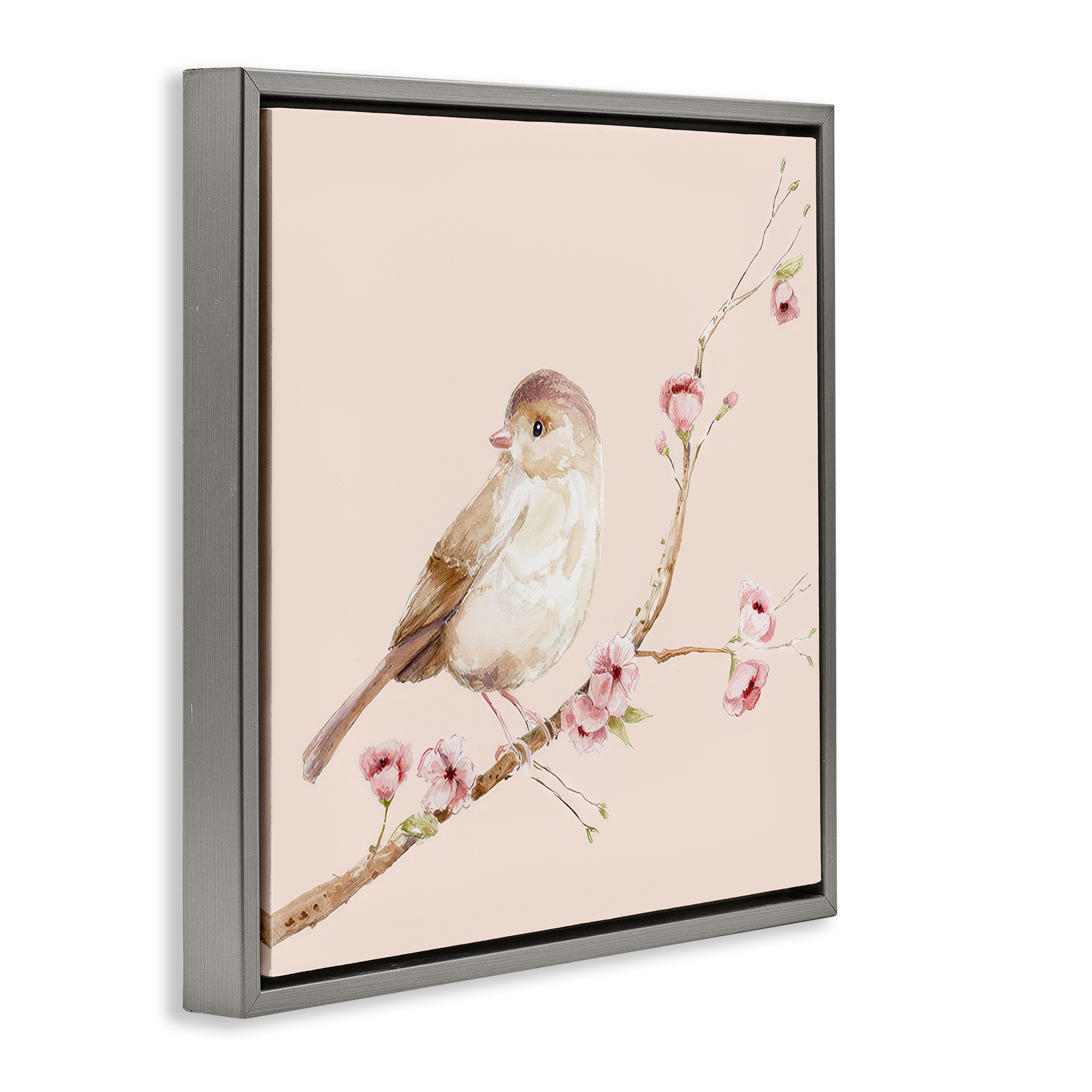 Sweet Brown Bird Perched Gray Framed Floater Canvas Wall Art, design by Lisa Wehmeyer