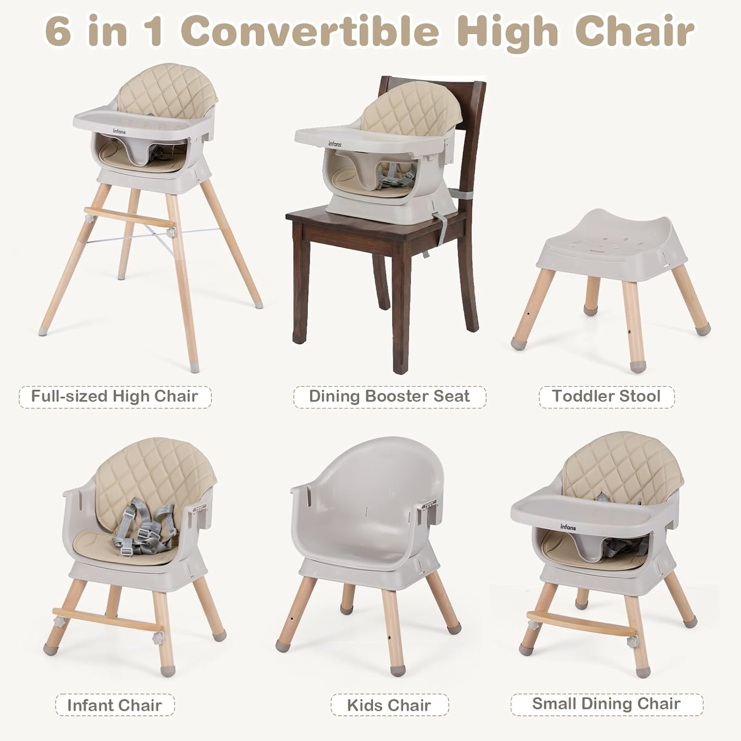 INFANS Baby High Chair, 6 in 1 Wooden Convertible Highchair for Babies and Toddlers, Infant Dining Booster Seat Kids Stool with Adjustable Removable Tray