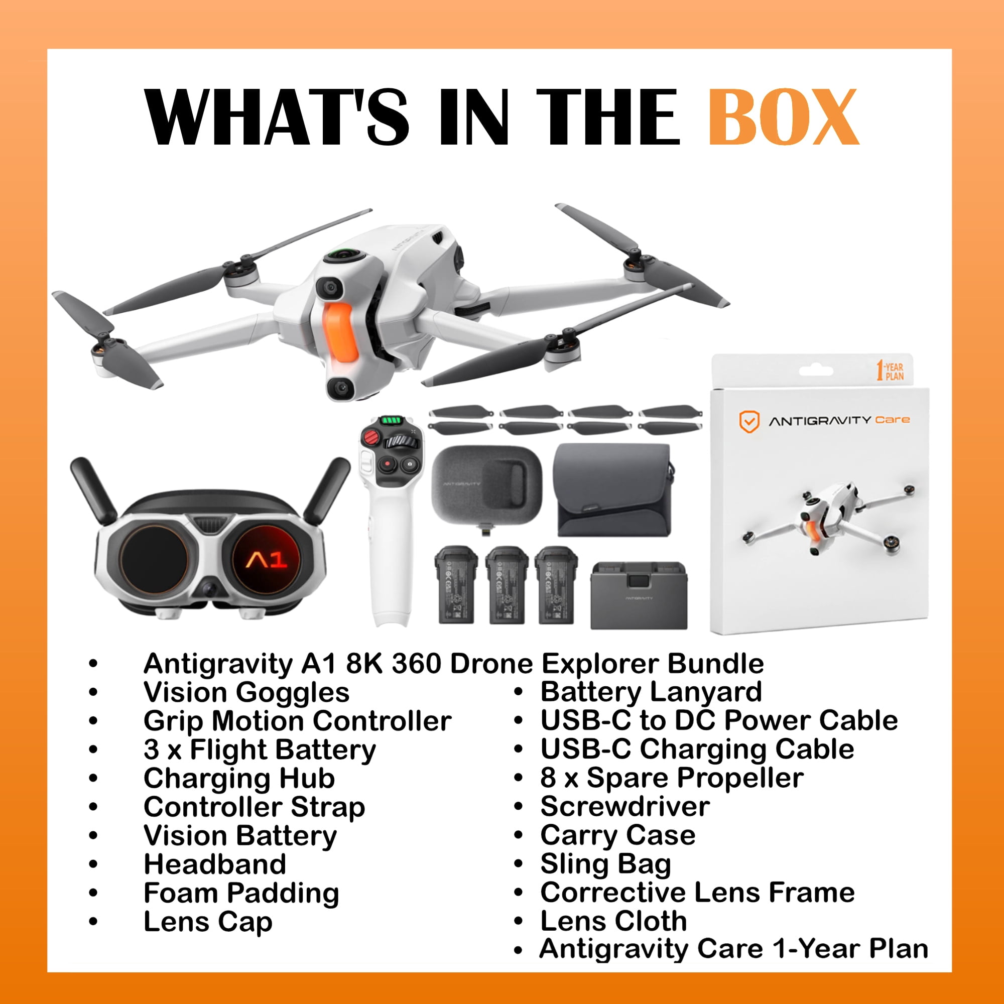 Antigravity A1 8K 360 Drone Explorer Bundle with 1-Year Plan Drone Protection (2 Items)