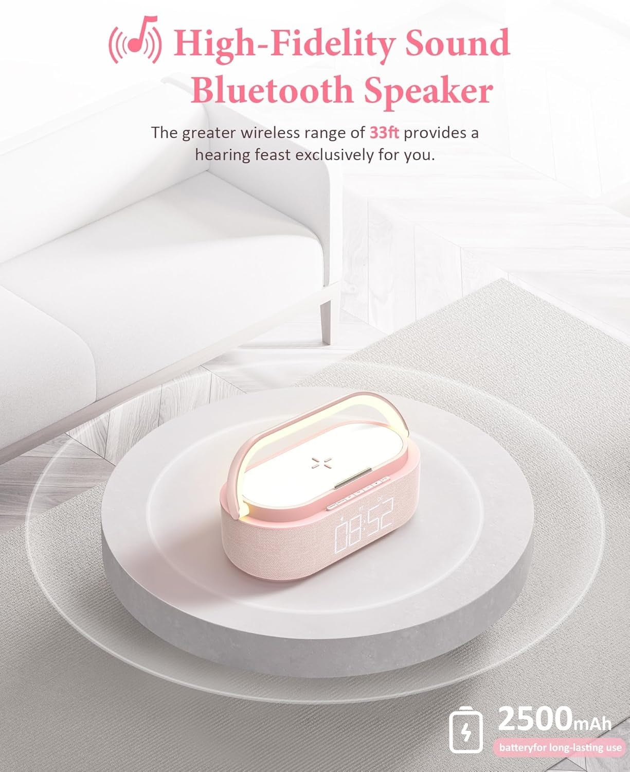 FreeFish Bluetooth Speaker Alarm Clock with Wireless Charger, LED Night Light, 2500mAh Battery - For Bedroom, Home Pink
