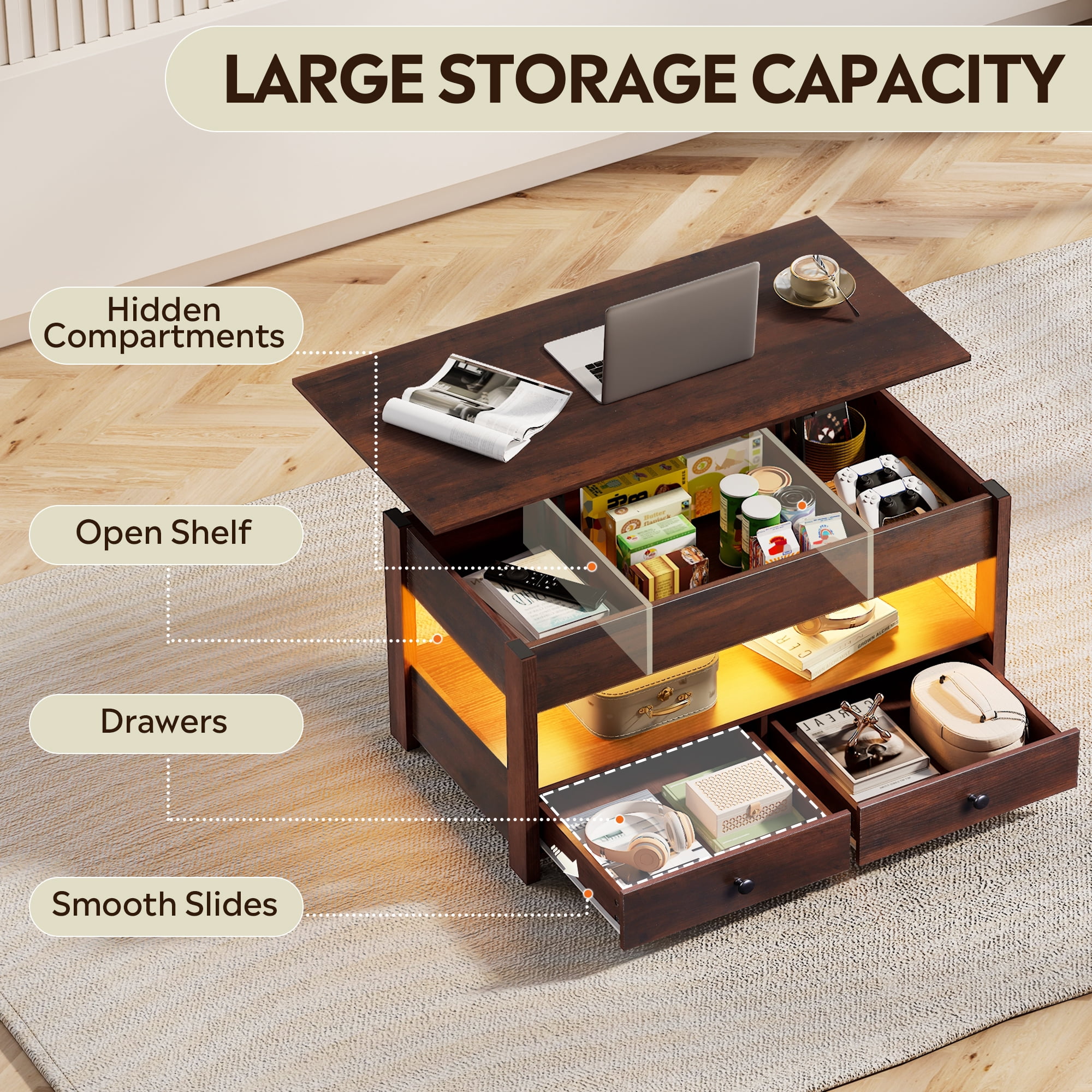 GALAXHERO Lift Top Coffee Table for Living Room Table with 2 Drawers & LED Light & Large Storage and Open Shelf Espresso