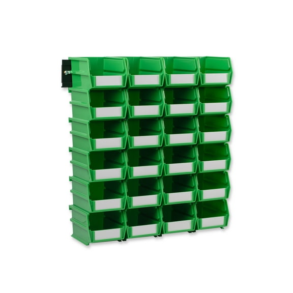 Triton Products® Green Polypropylene Bins; 24 Interlocking Bins With 2 Wall Mount Rails