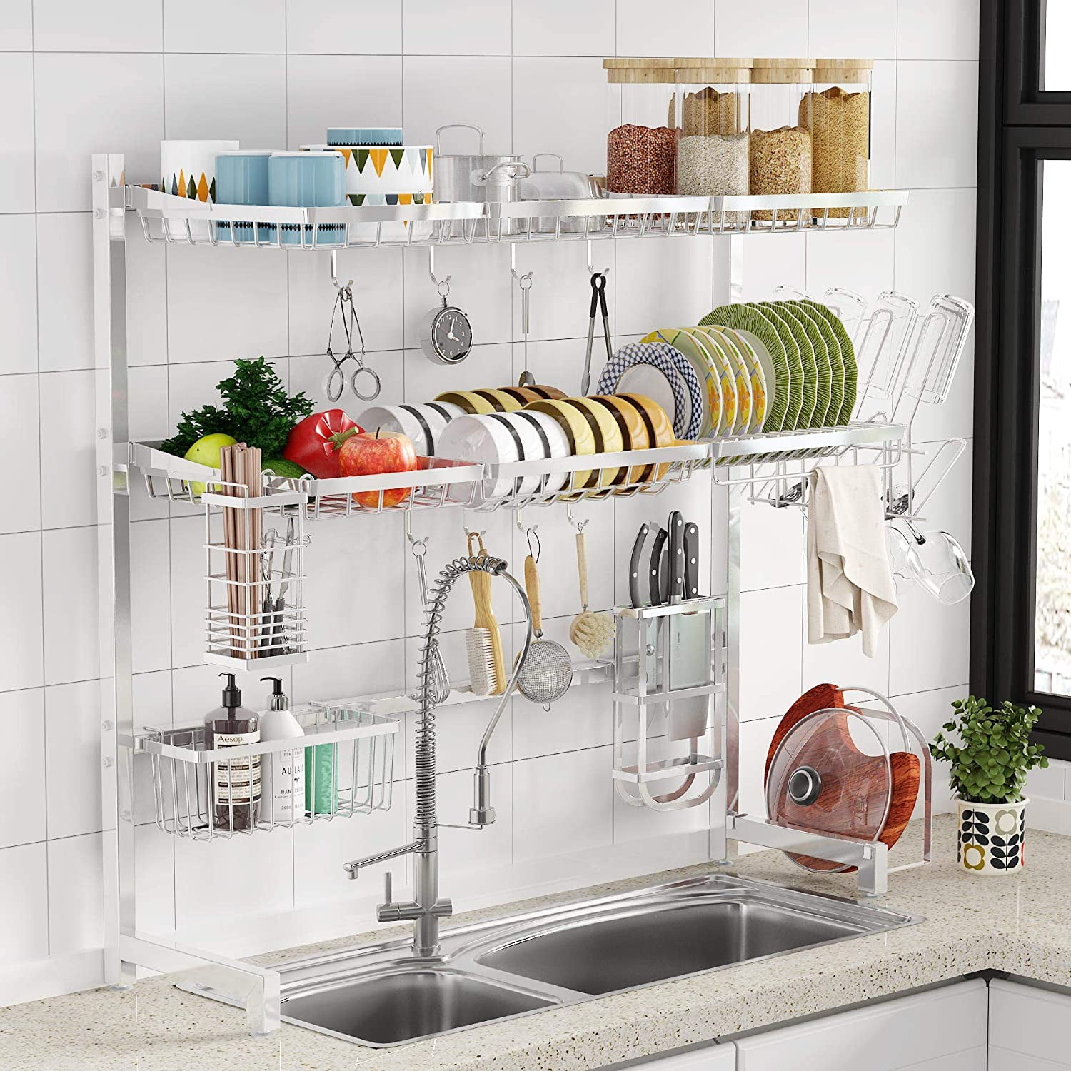 Over the Sink Dish Drying Rack -1Easylife 3 Tier Stainless Steel Large  Kitchen Rack Dish Drainers for Home Kitchen Counter Storage, Shelf with  Utensil Holder, Above Sink Non-Slip Shelves Organizer - Walmart.com