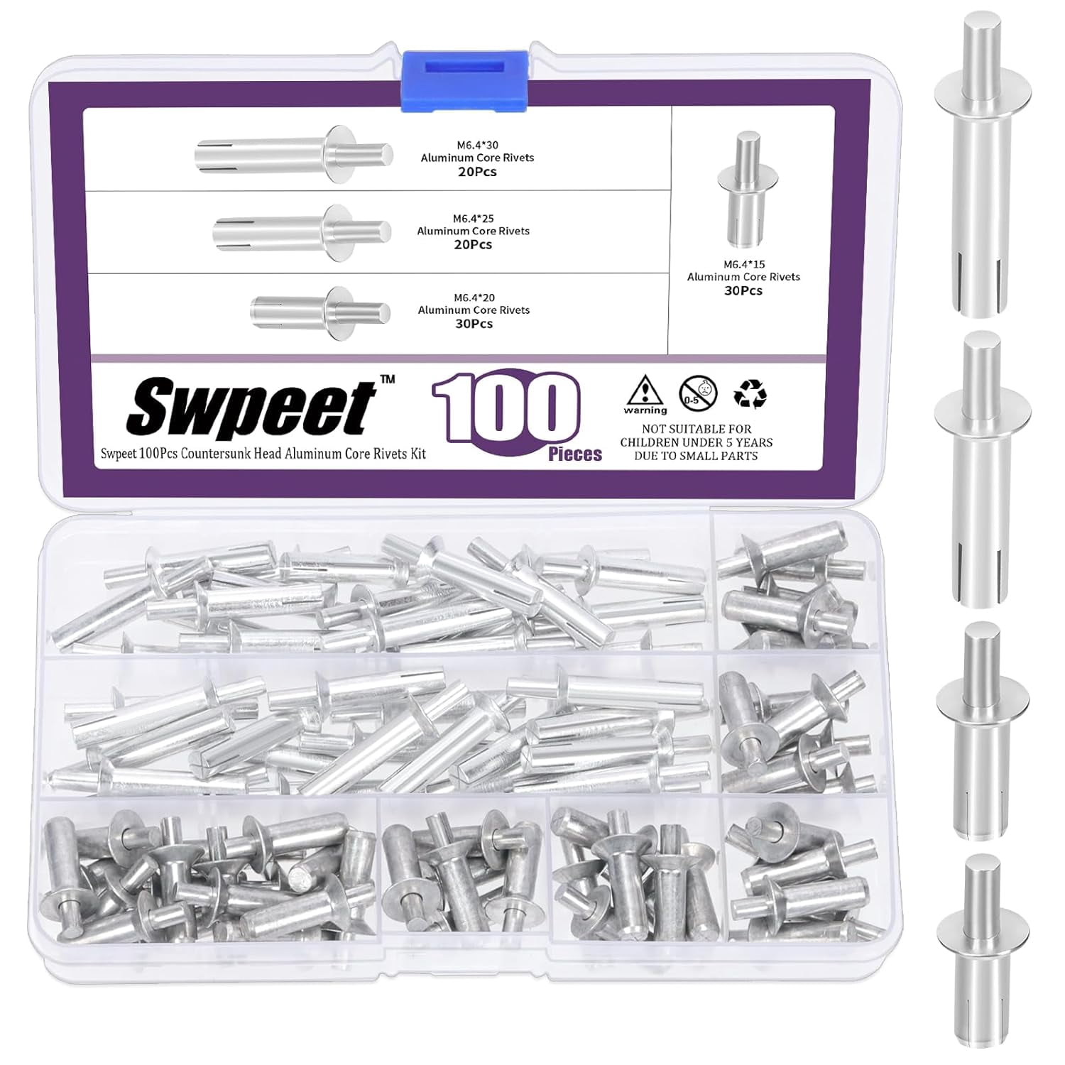 UTAH-100Pcs 4 Sizes M6.4 x 15mm / 20mm / 25mm / 30mm Hammer Drive ...