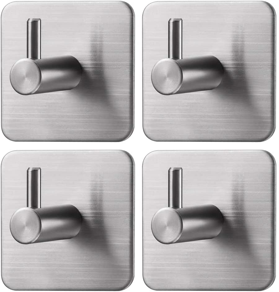 Adhesive Hooks, 4Packs Wall Hanger Towel Hooks Heavy Duty Hooks for Hanging Ideal for Bathroom Shower Kitchen Home Door Closet Cabinet Stainless Steel