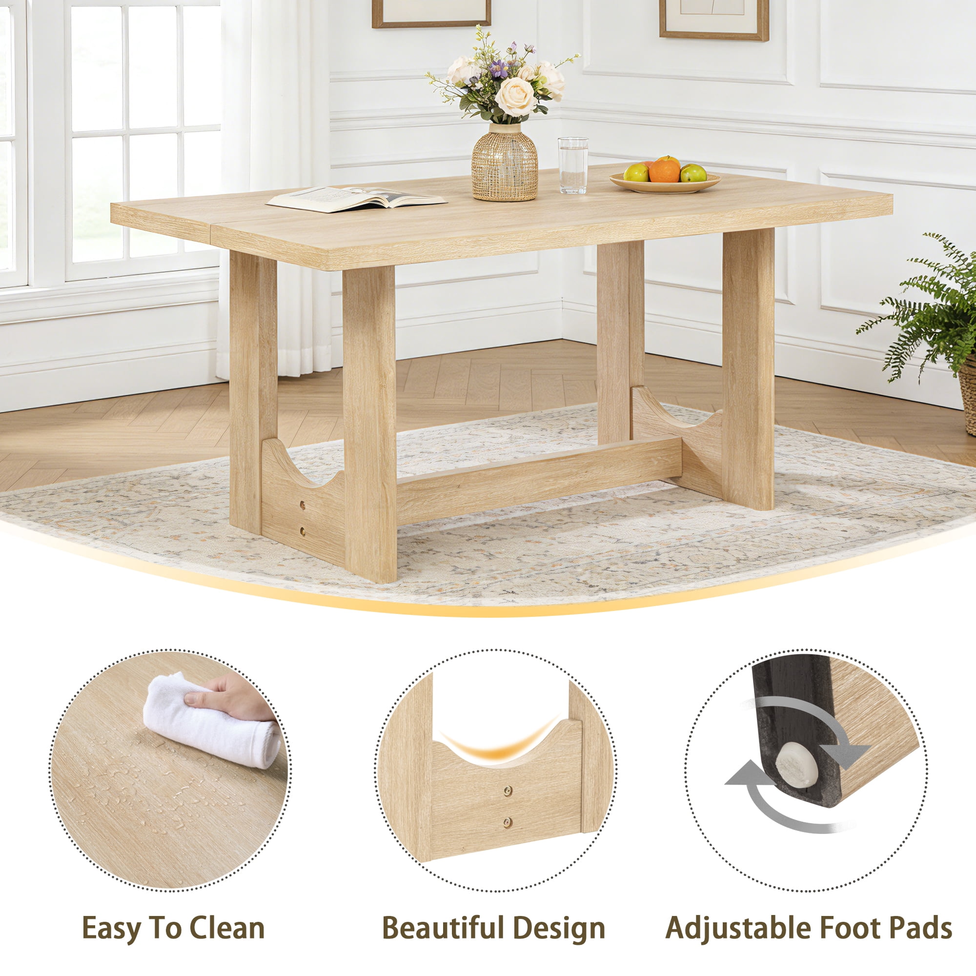 7-Piece Dining Table Set for 6, 57" Large Rectangular Table with 6 Linen Upholstered Chairs